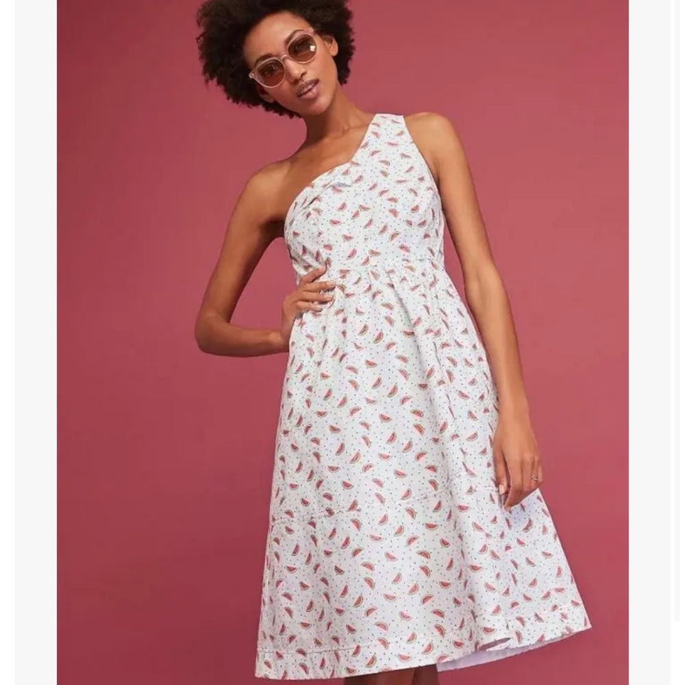 Anthropologie HD in Paris one shoulder watermelon dress
